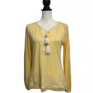 WHBM Yellow Cotton Long Sleeve Embroidered Boho Peasant Top. XS